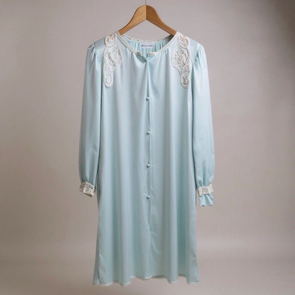 Vtg 80s Miss Elaine Pale Turquoise Silky Soft Nylon Lace Dressing Gown Sz M